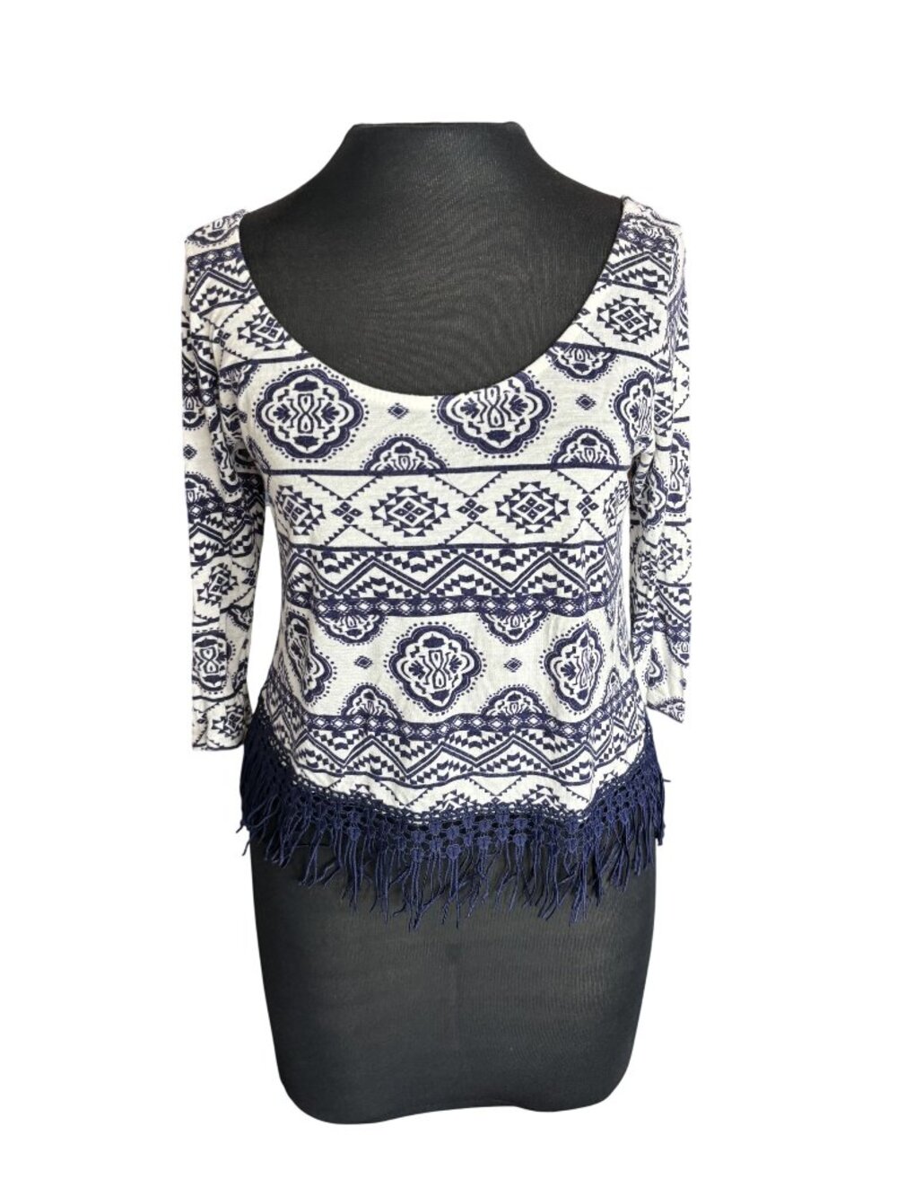 Charlotte Russe Fringe Hem Boho Print Top Small Blue White 3/4 Sleeve Made In US